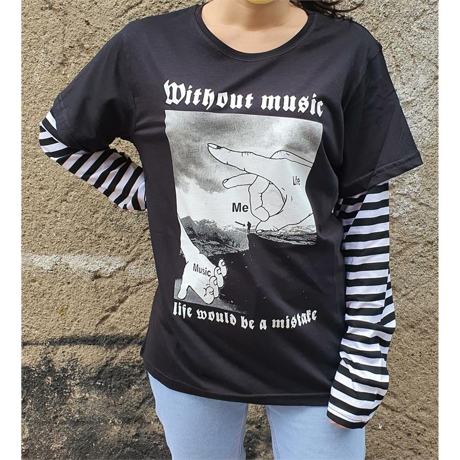  Without Music ...(Unisex) Çizgili Kollu T-Shirt 