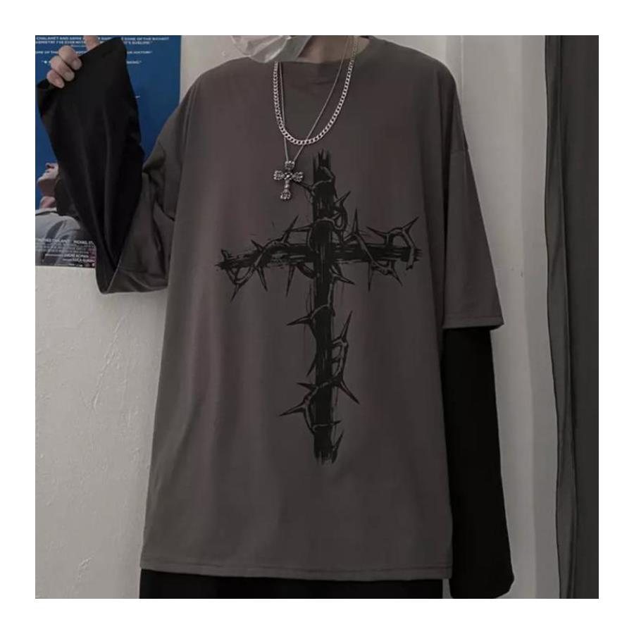 Gri Cross (Unisex) Siyah Kollu T-Shirt