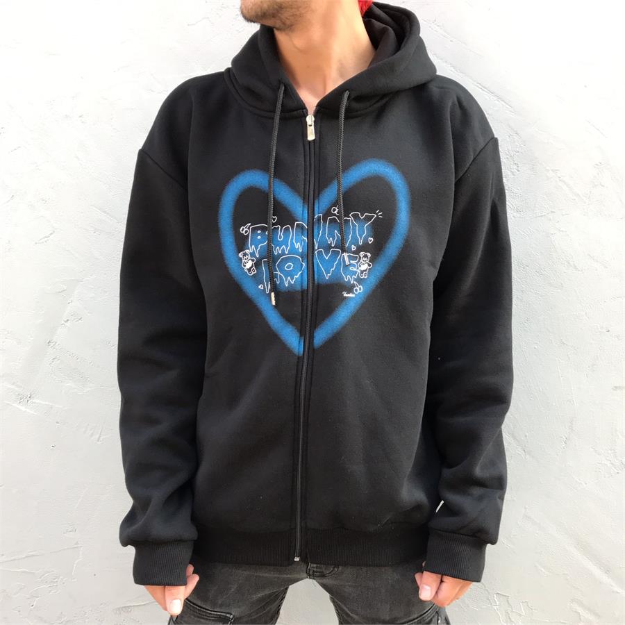 Bunny Love Blue Heart (Unisex) Fermuarlı Kapüşonlu Sweatshirt