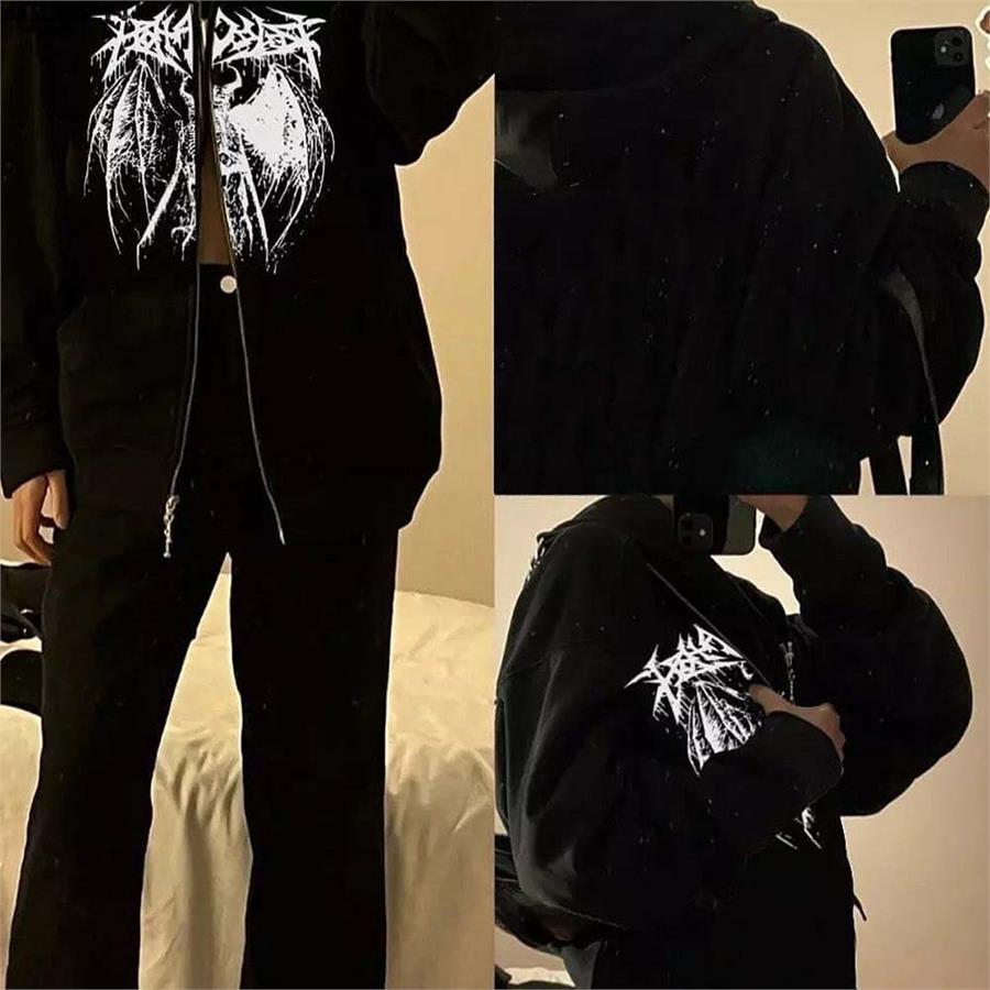 Anime Winged Skeleton Siyah Fermuarlı (Unisex) Kapüşonlu Sweatshirt