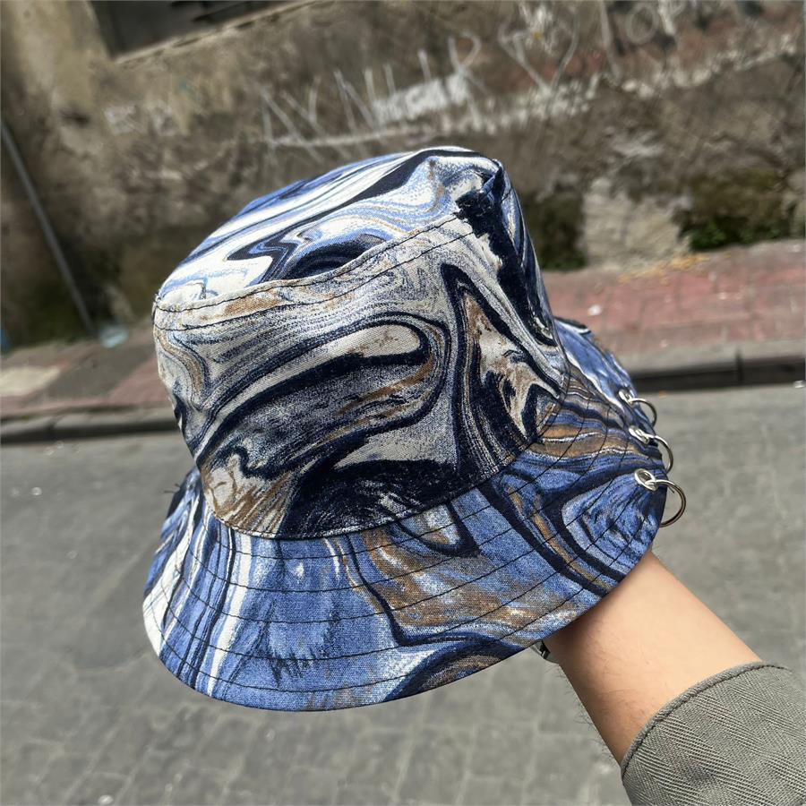 Mavi Gri Batik Desenli Piercingli Bucket Şapka