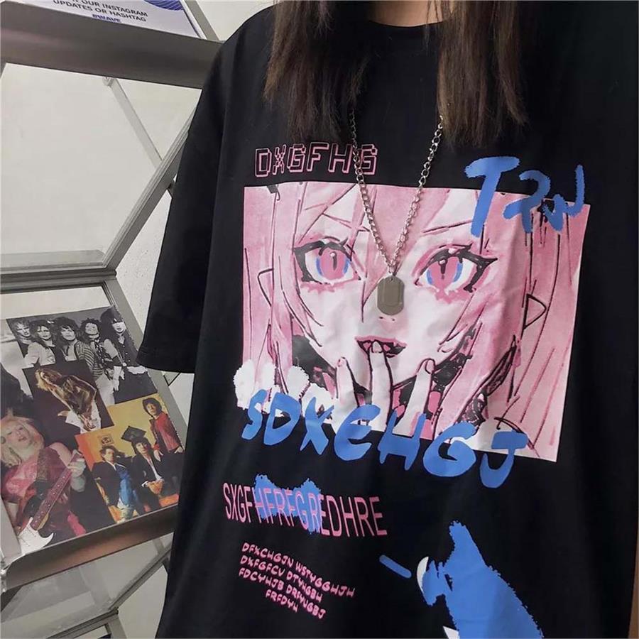 Anime Grunge Cat Girl Siyah (Unisex) T-Shirt