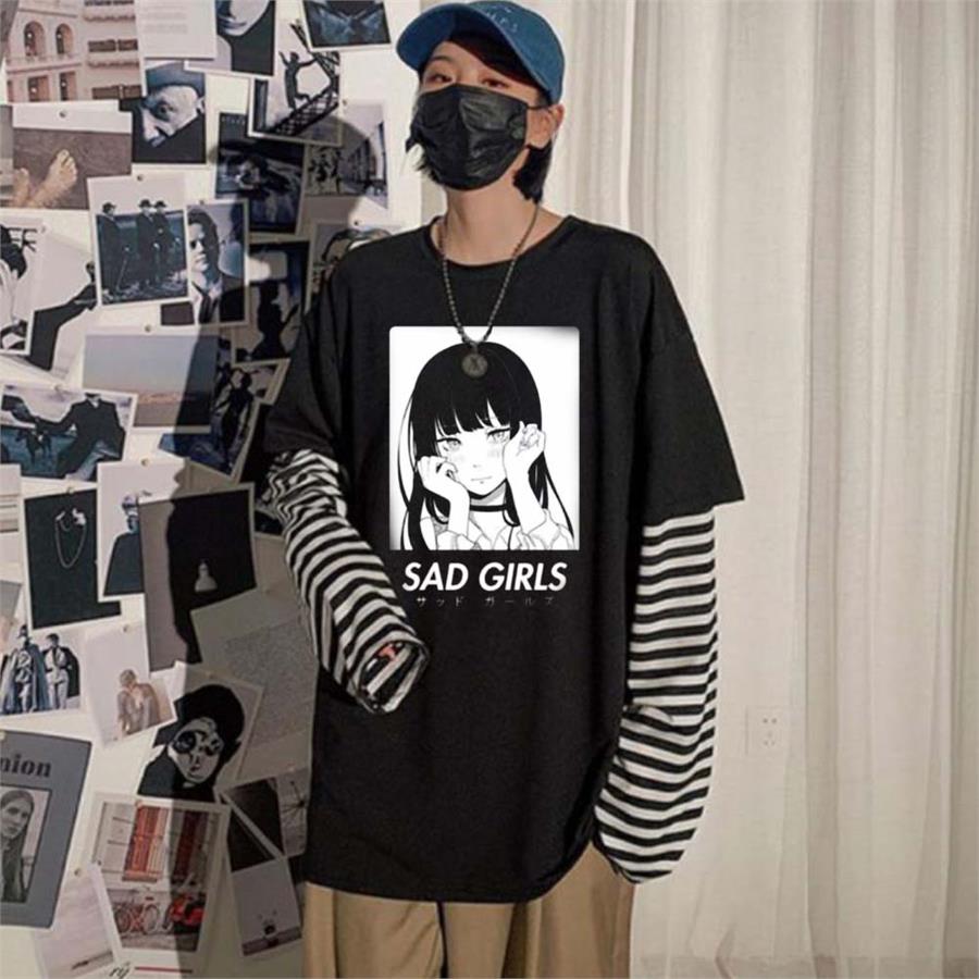 Anime Japanese Sad Girls (Unisex) Çizgili Kollu T-Shirt