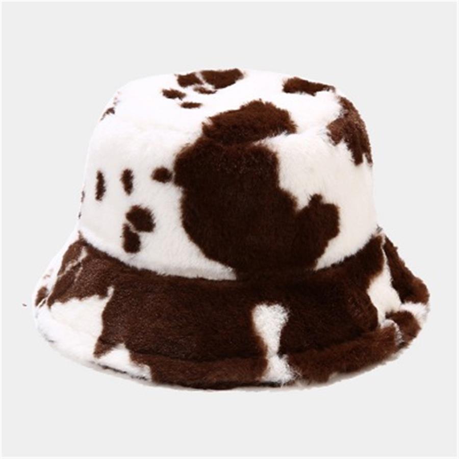 İthal İnek Desenli Kahverengi Kışlık Kalın Bucket Şapka