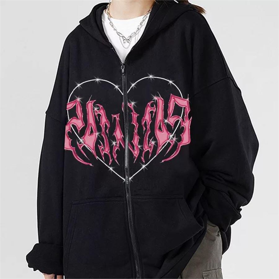 Siyah Shining Pink Heart Fermuarlı (Unisex) Kapüşonlu Sweatshirt