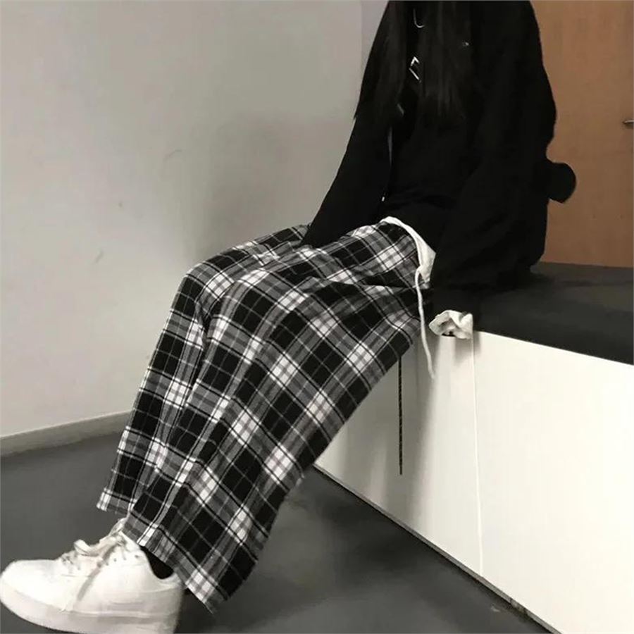Siyah Beyaz Ekose Desen Oversize Rahat Pantolon