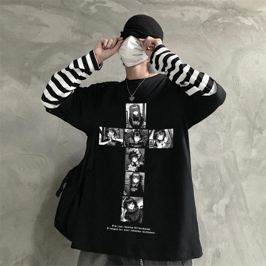 Siyah Anime Girl Cross Kolaj (Unisex) Siyah Beyaz Çizgili Kollu T-Shirt
