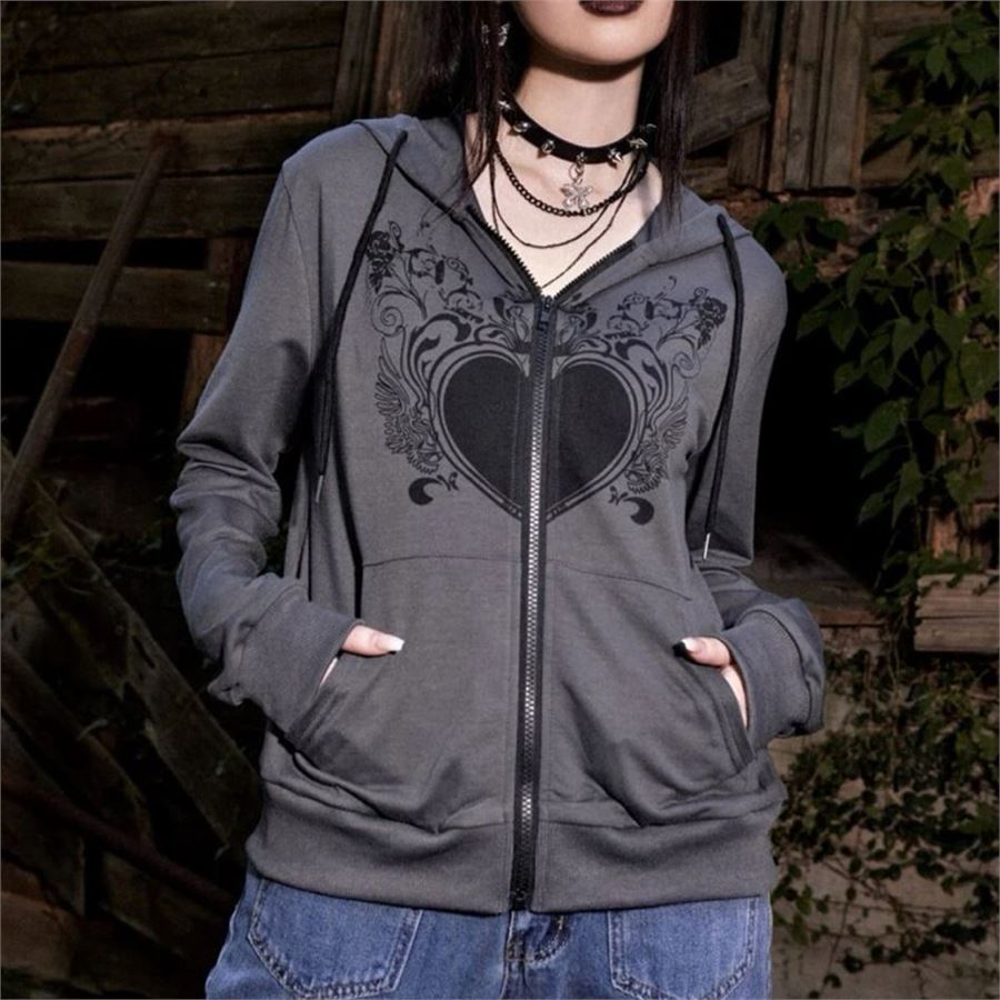 Füme Gothic Heart Fermuarlı (Unisex) Kapüşonlu Sweatshirt