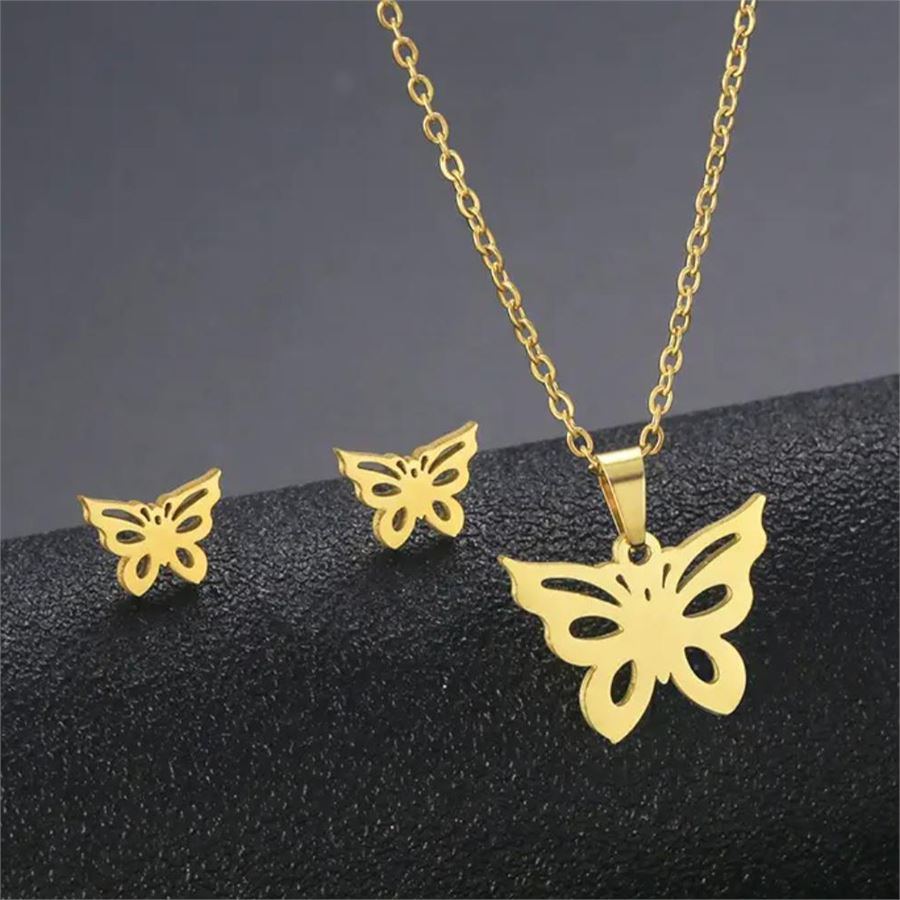 Gold Harajuku Butterfly Kolye Ve Küpe Seti 