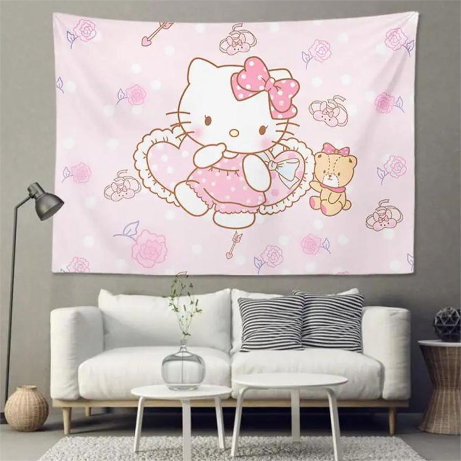 70 X 100 Cm Hello Kitty - Teddy Rose And Heart Kolaj Duvar Halısı 