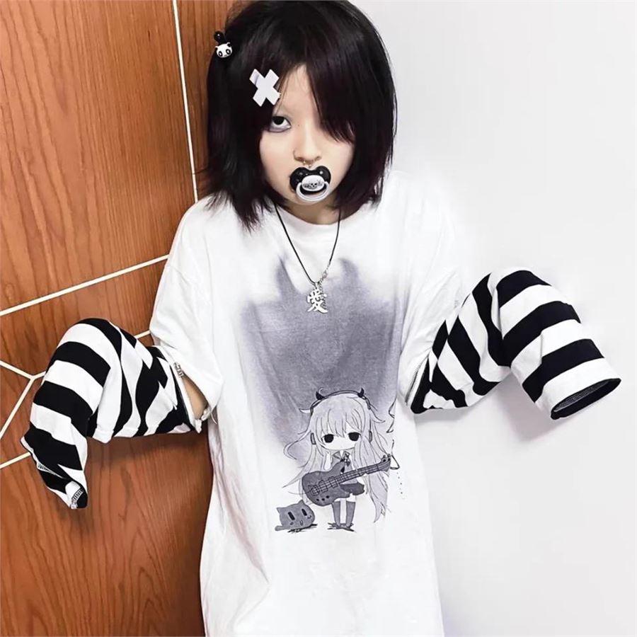 Beyaz Guitarist Anime Girl Demon (Unisex) Siyah Beyaz Çizgili Kollu T-Shirt
