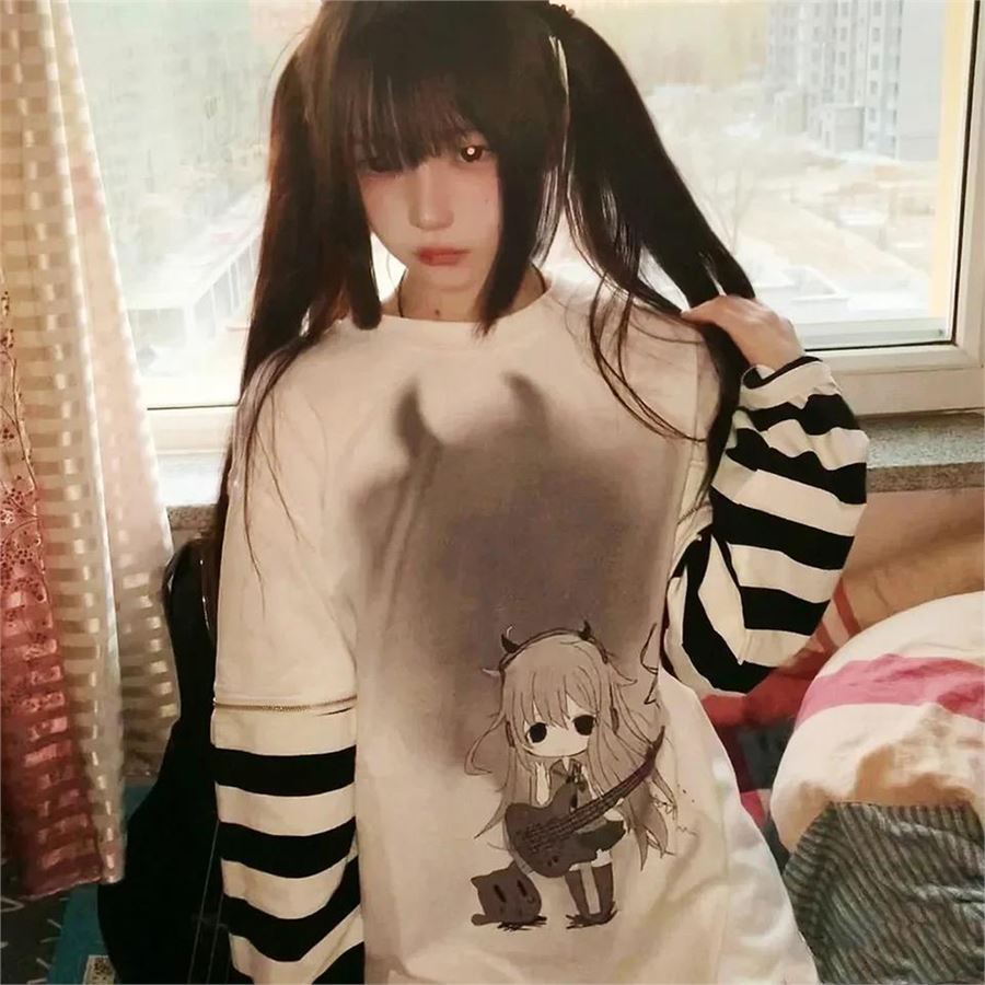 Beyaz Guitarist Anime Girl Demon (Unisex) Siyah Beyaz Çizgili Kollu T-Shirt