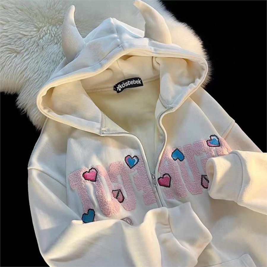 Beyaz Boynuz Detaylı Pixel Hearts Fermuarlı (Unisex) Kapüşonlu Sweatshirt