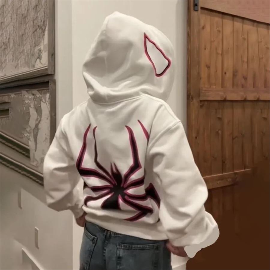 Beyaz Spider Sırt Baskılı Kalın Kumaş Fermuarlı (Unisex) Kapüşonlu Sweatshirt