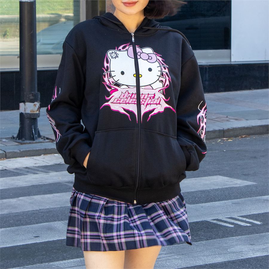 Siyah Anime Tribal Hello Kitty Fermuarlı (Unisex) Kapüşonlu Sweatshirt