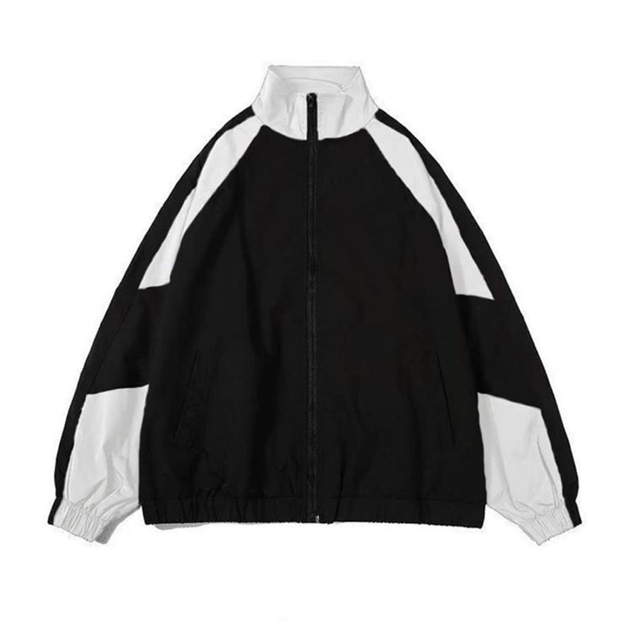 Retro Beyaz Şerit Detaylı Siyah Paraşüt Ceket