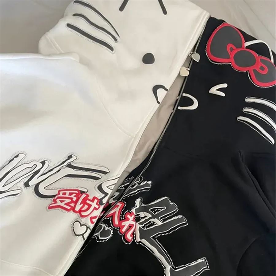 Beyaz Hello Kitty Cat Full Fermuarlı (Unisex) Kapüşonlu Sweatshirt