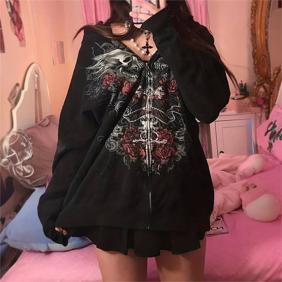 Siyah Gothic Double Skull (Unisex) Fermuarlı Kapüşonlu Sweatshirt