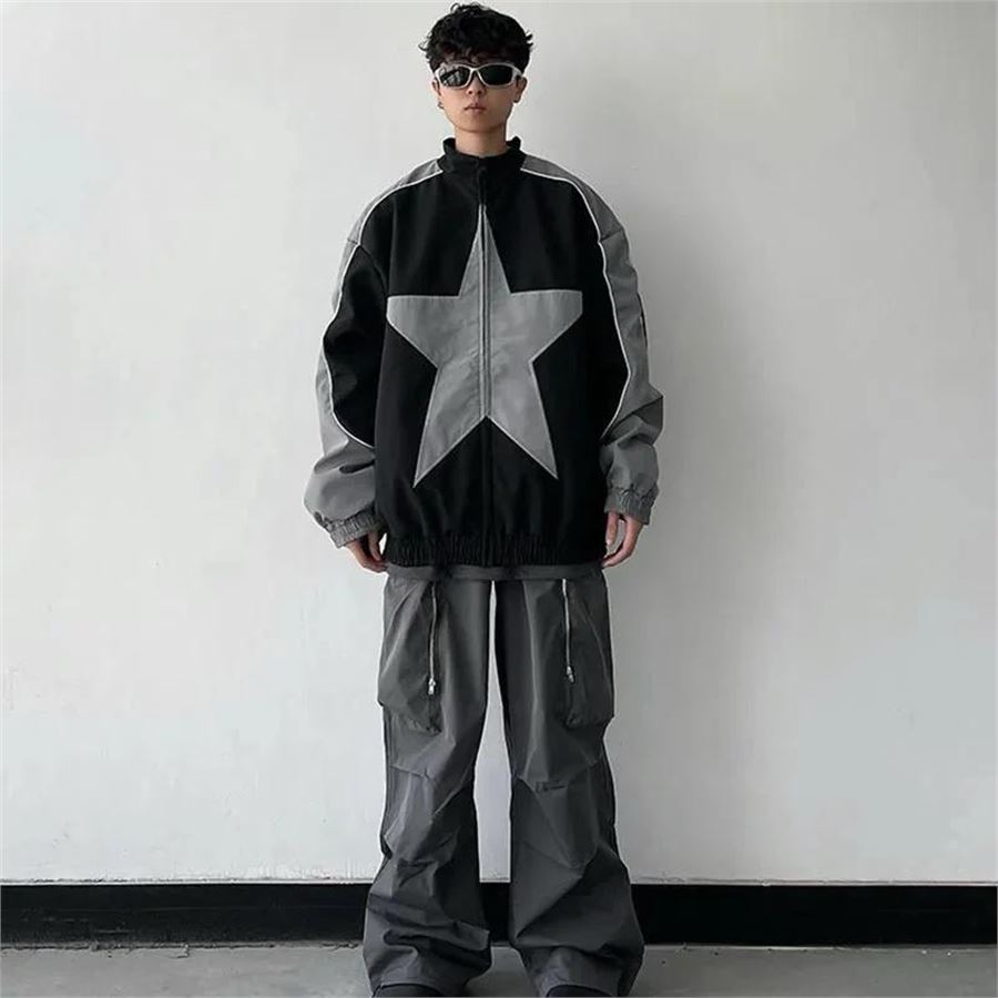 Siyah Gri Şeritli Star Fermuarlı Paraşüt Ceket