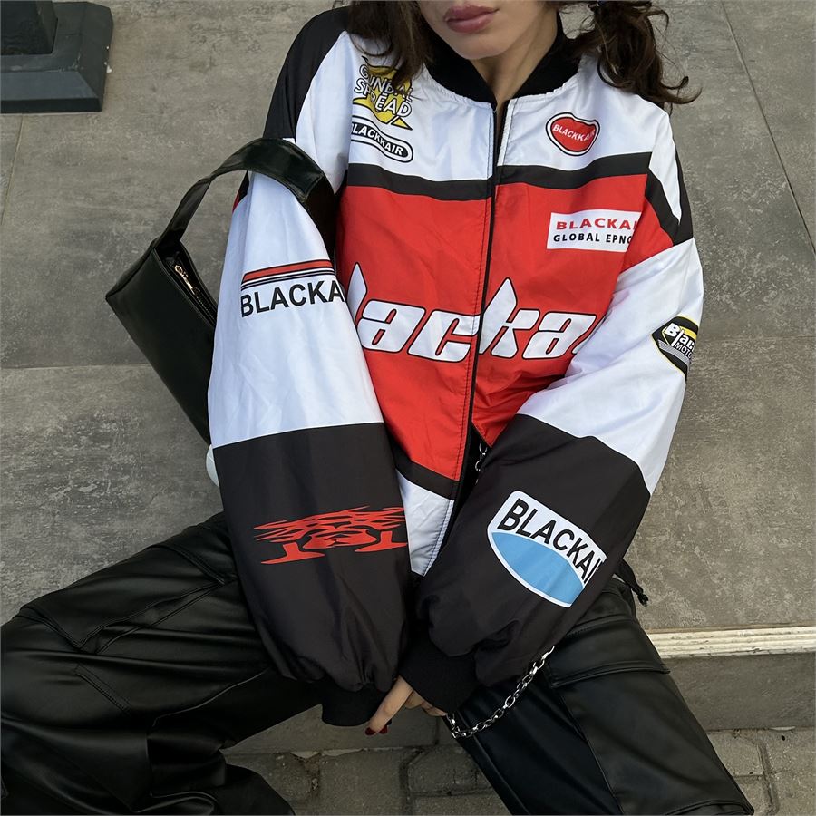 Blackair Motosport Kırmızı Beyaz Baskılı Fermuarlı Paraşüt Ceket