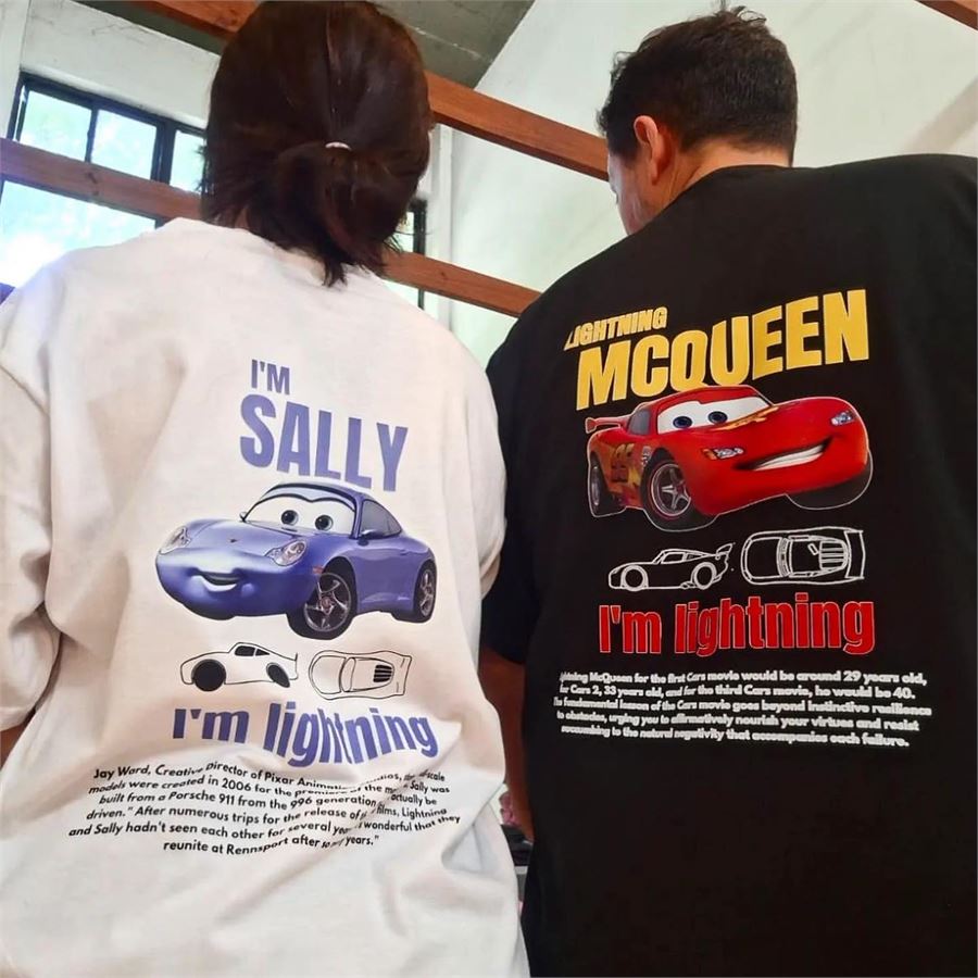 Siyah Cars Lightning Mcqueen & Beyaz Cars I'm Sally - I'm Lightning Unisex Çift T-Shirt