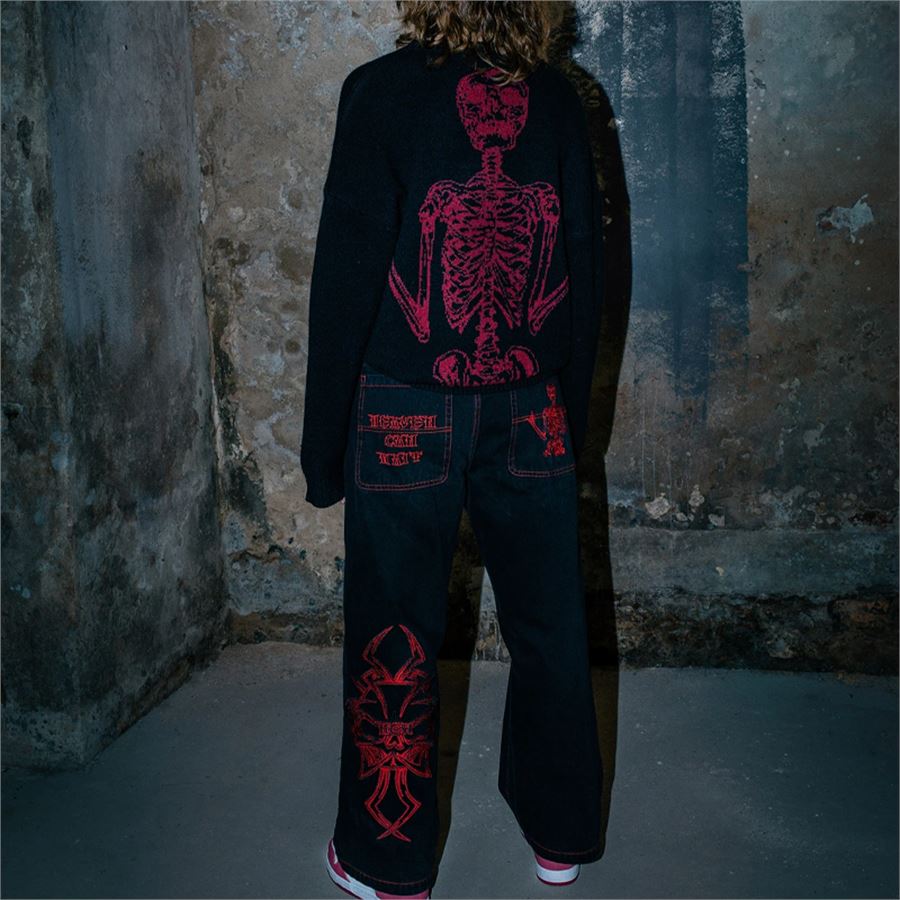 Siyah Skeleton Heaven Can Wait Streetwear Gri Double Fire Skull Streetwear Yıkamalı Jean Pantolon