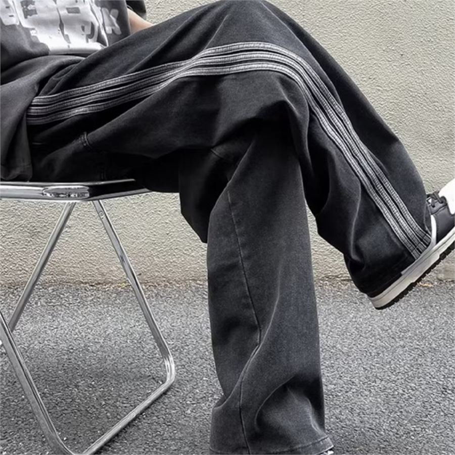 Siyah Vintage Three Lines Baggy Kot Pantolon