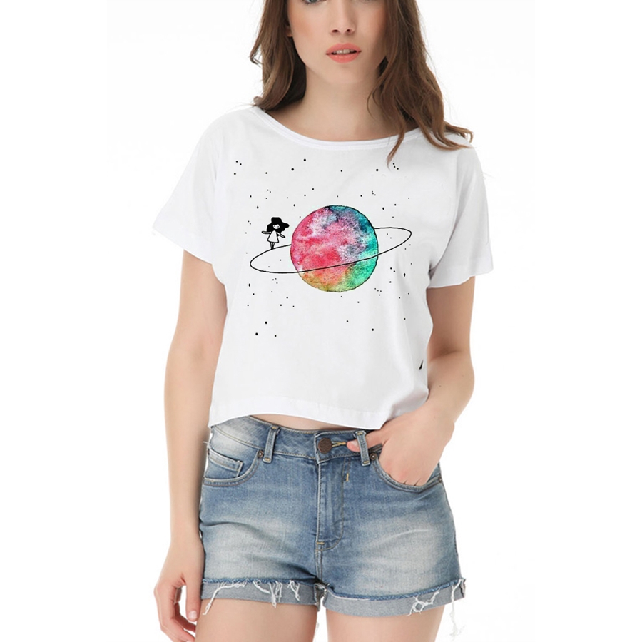 Satürn Üzerinde Yürüyen Kız Yarım Kadın T-Shirt