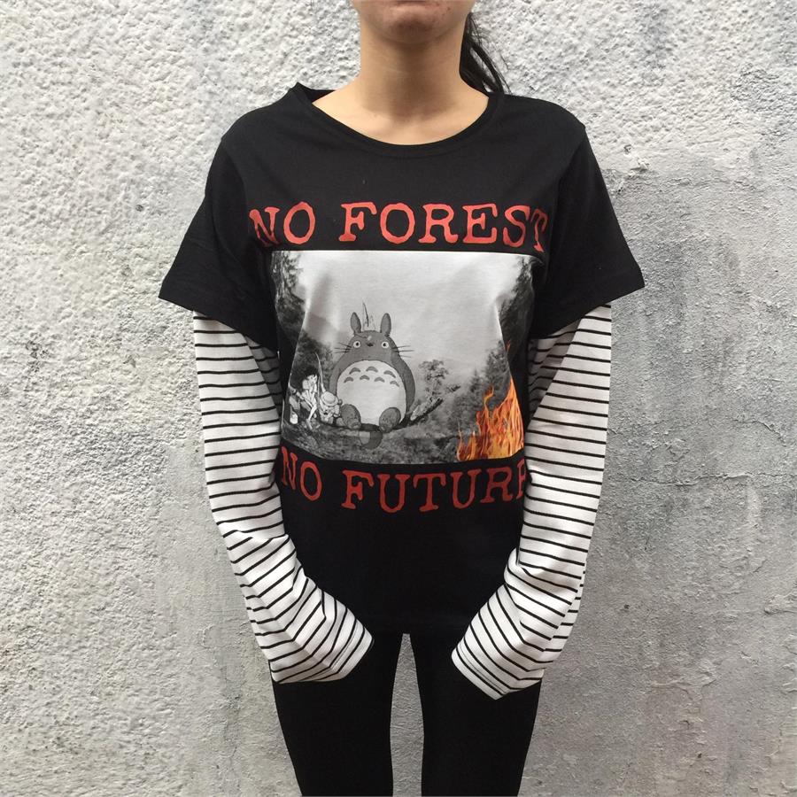Anime Totoro - No Forest No Future  (Unisex) Çizgili Kollu T-Shirt 