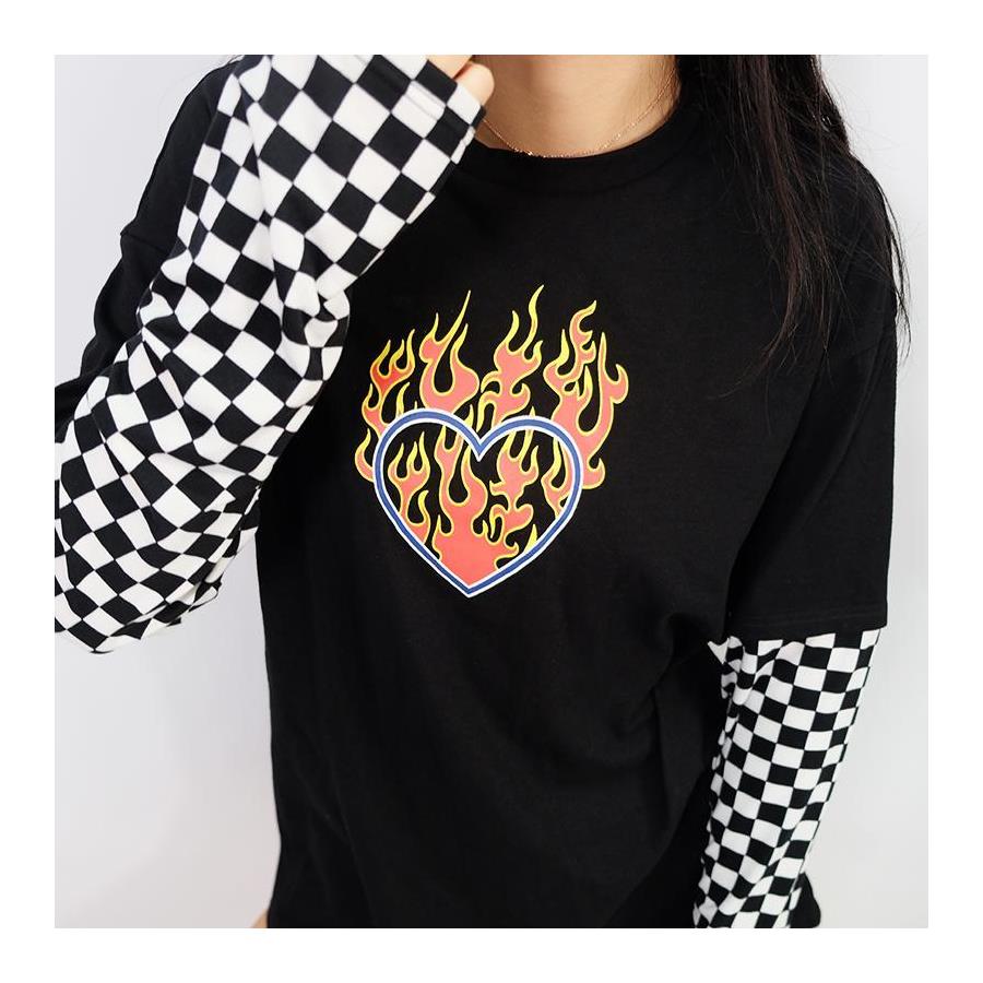 Burning Heart Unisex Damalı Kollu T-Shirt 