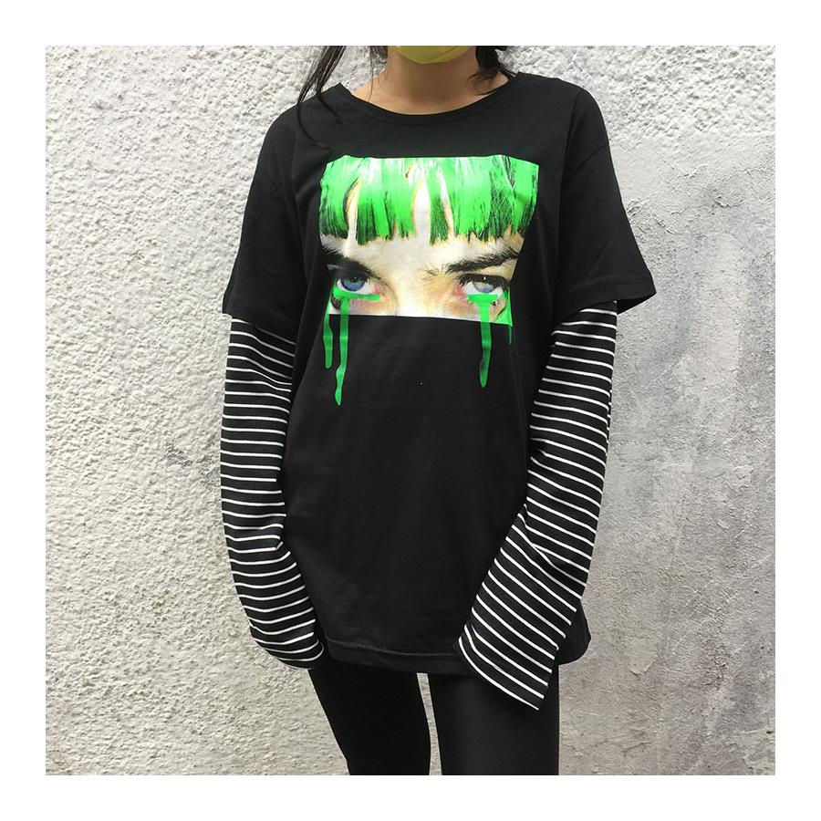 Anime Art - Green Hair Crying Harajuku Girl (Unisex) Çizgili Kollu T-Shirt