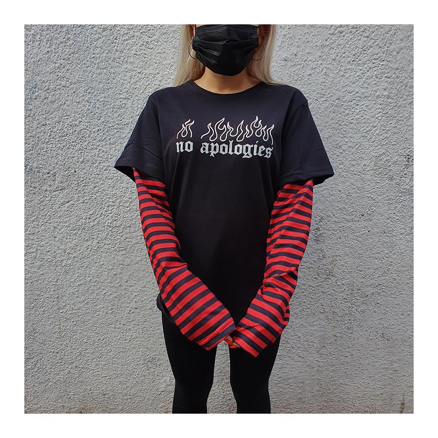 No Apologies Unisex Kırmızı Çizgili Kollu T-Shirt