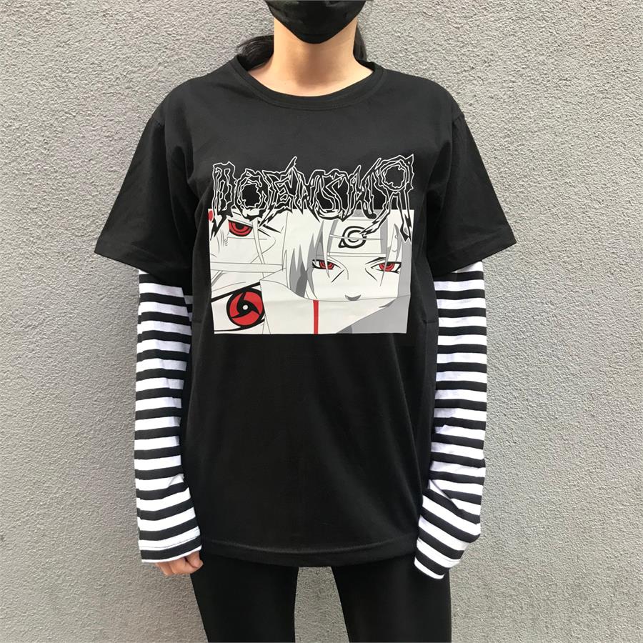 Anime Naruto Itachı Uchiha Graffiti Logo Çizgili Kollu Unisex T-Shirt