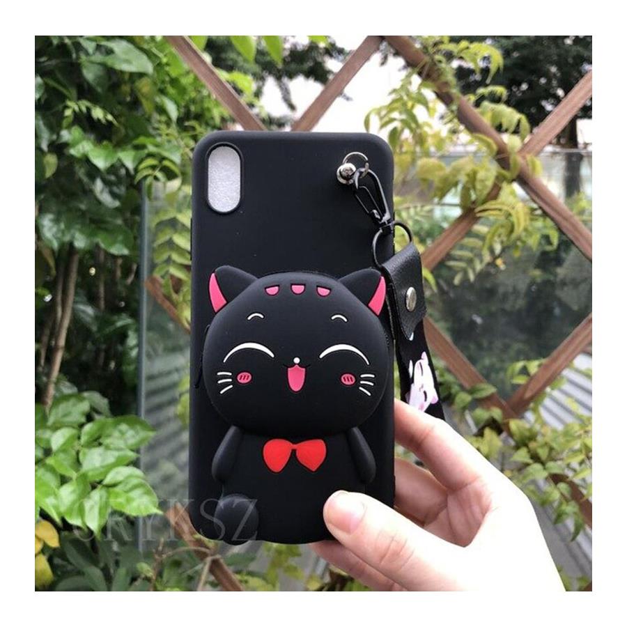 Cüzdanlı Ve Boyundan Asmalı Happy Cat Siyah 3D Iphone Telefon Kılıfları