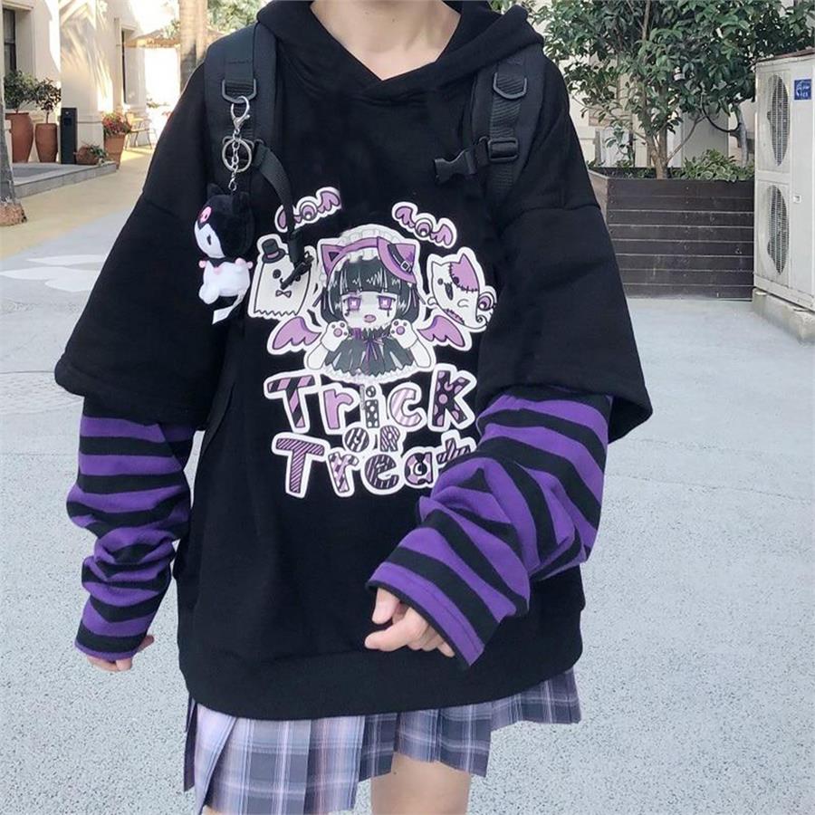 Anime   Harajuku Trick Or Treat Çizgili Uzun Kollu Unisex T-Shirt
