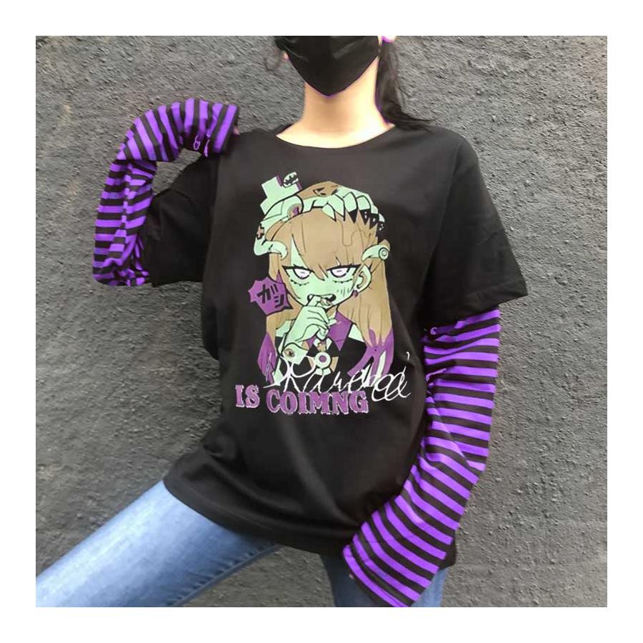 Anime Harajuku Zombie Girl Mor Çizgili Kollu Unisex T-Shirt