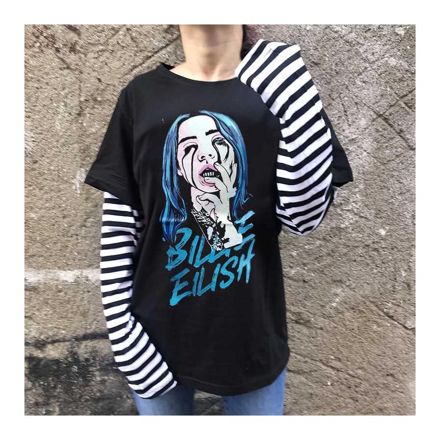 Billie Eilish - Blue Hair Siyah - Beyaz Çizgili Kollu Unisex T-Shirt
