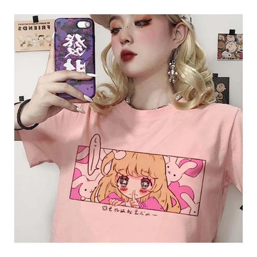 Anime Harajuku Girl And Rabbit Pembe  Unisex T-Shirt
