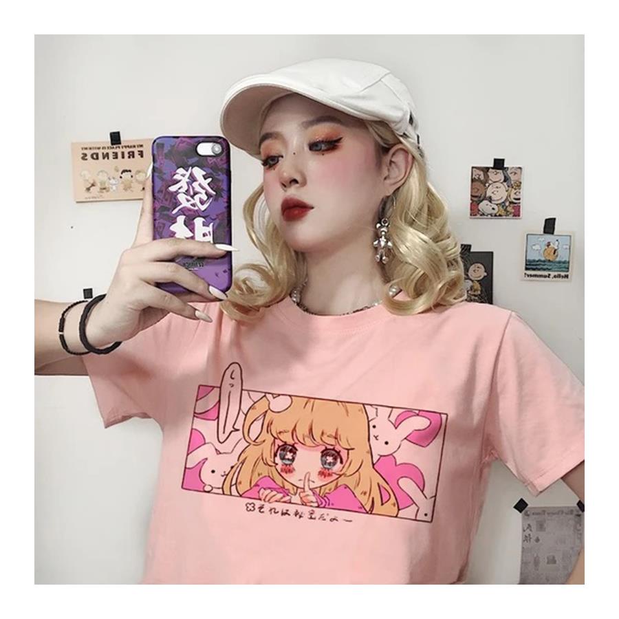 Anime Harajuku Girl And Rabbit Pembe  Unisex T-Shirt