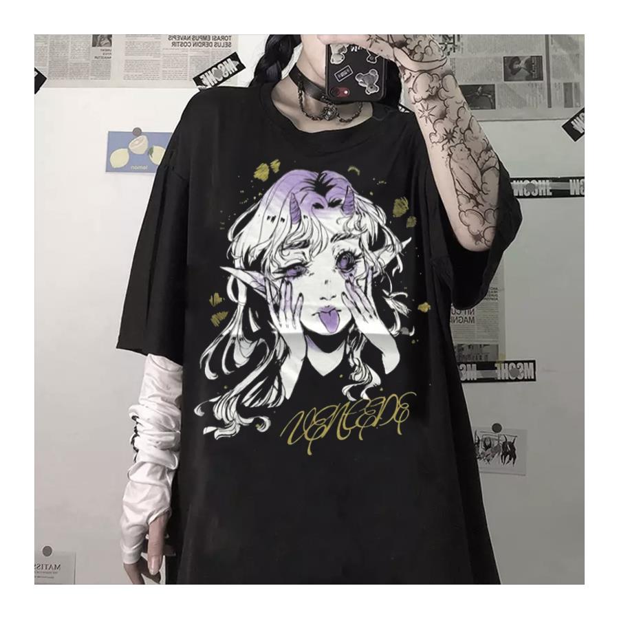 Anime Aesthetic Gothic Punk Cartoon Siyah (Unisex) T-Shirt 
