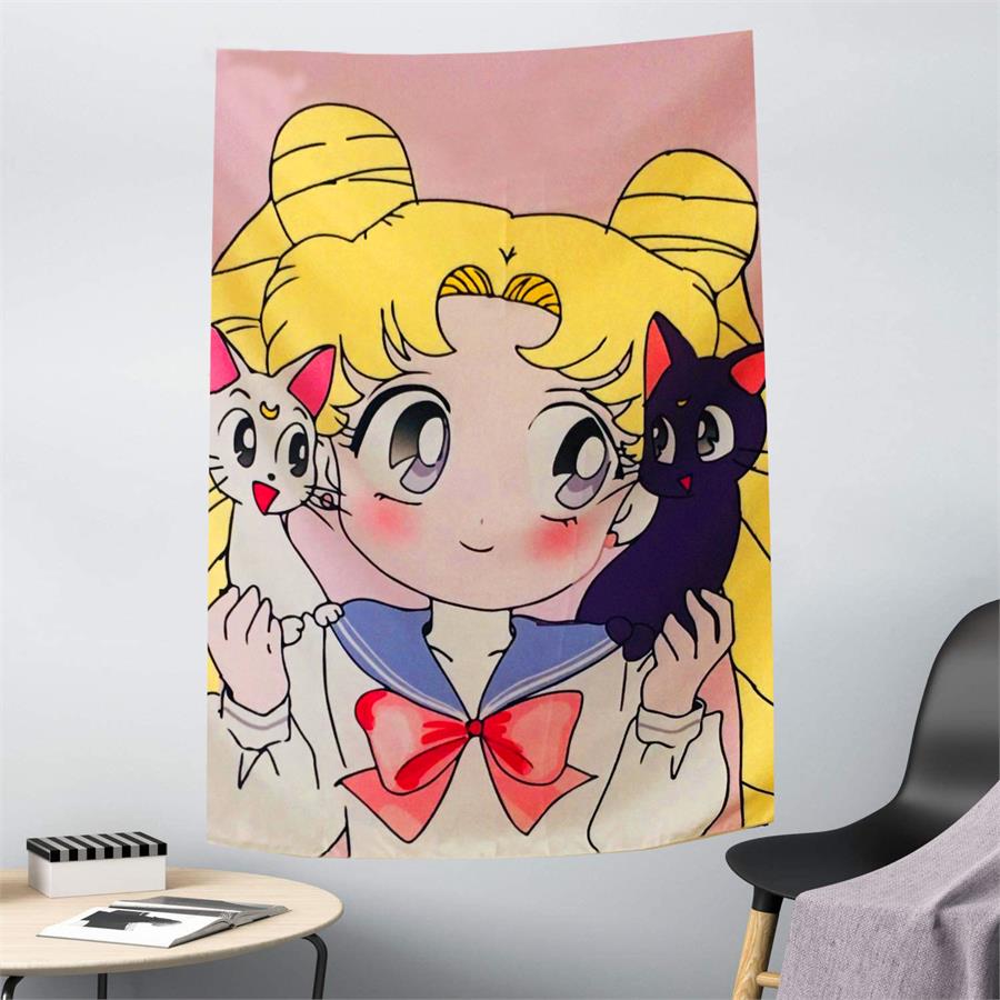 Anime 70 X 100 Cm   Sailor Moon And Cat Duvar Halısı 
