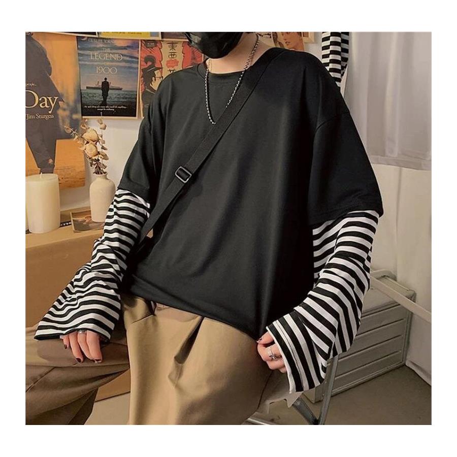 Oversize Düz Siyah Çizgili Uzun Kollu T-Shirt