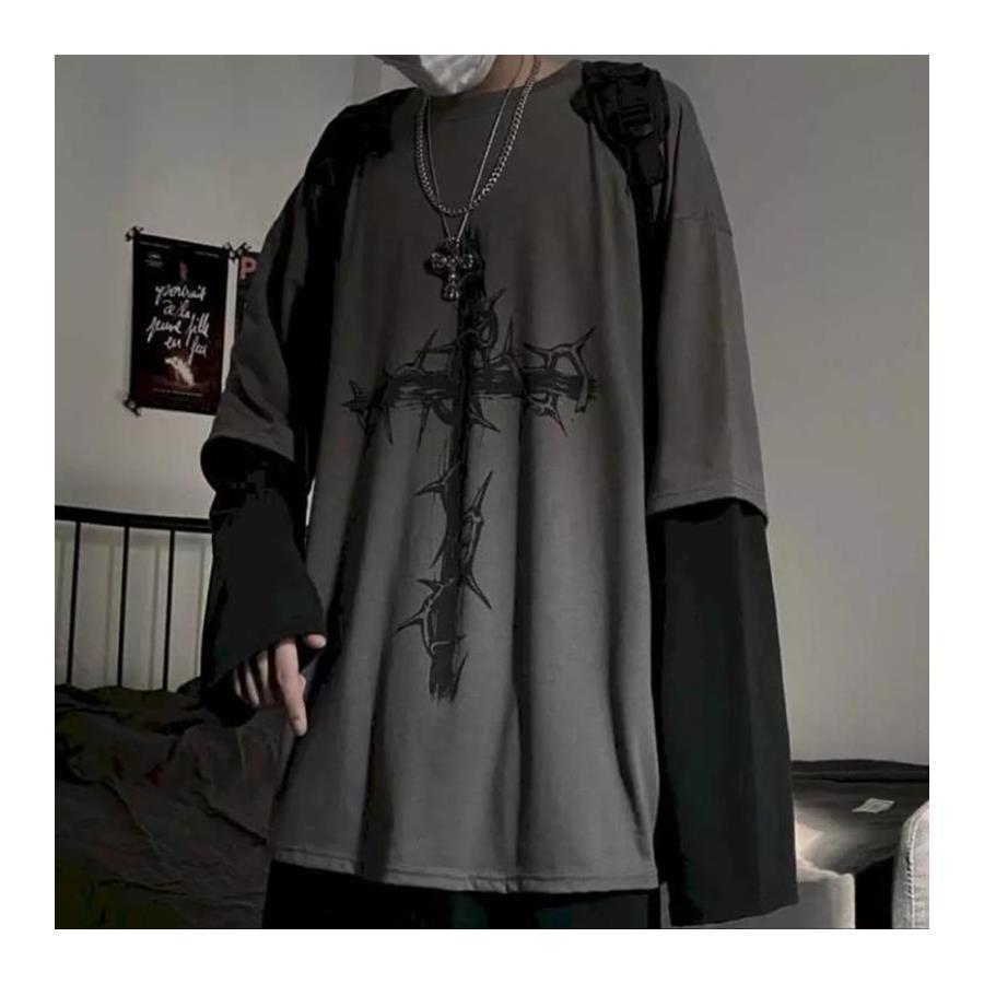 Gri Cross (Unisex) Siyah Kollu T-Shirt