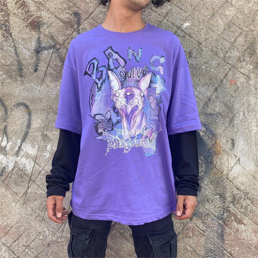  Mystic Cat Diablo Mor Oversize (Unisex) Siyah Kollu T-Shirt