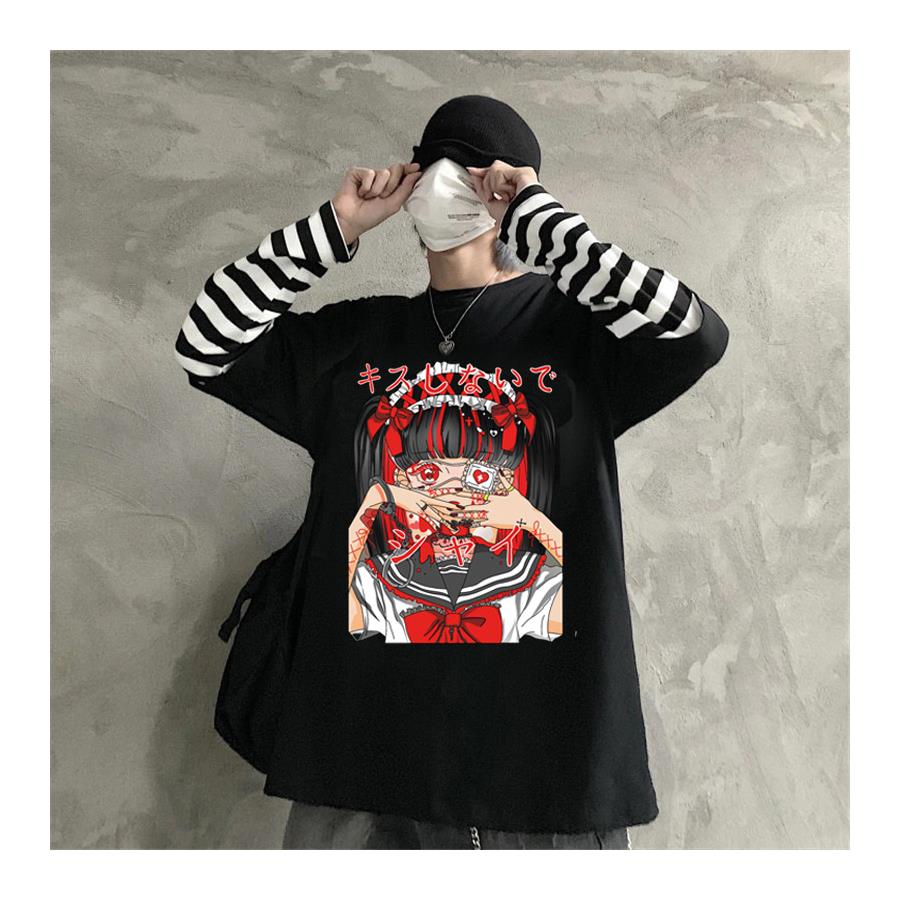 Anime Girl Loli Goth Siyah (Unisex) Çizgili Kollu T-Shirt