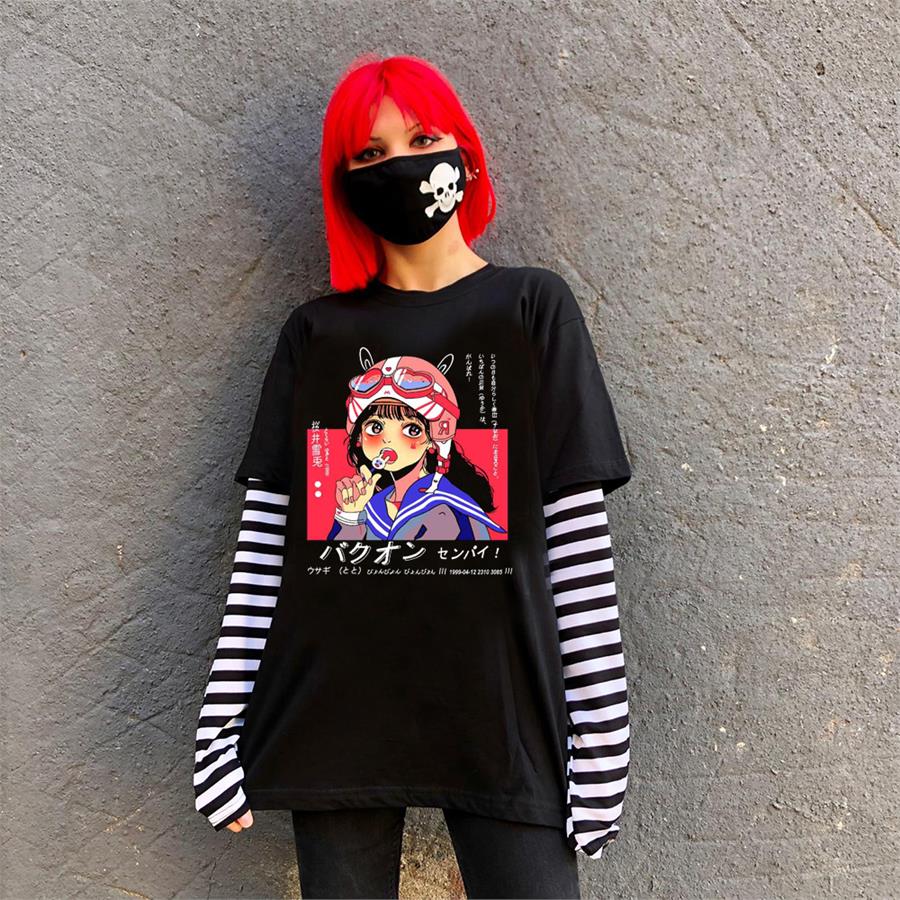 Anime Lolipop Girl Siyah (Unisex) Çizgili Kollu T-Shirt