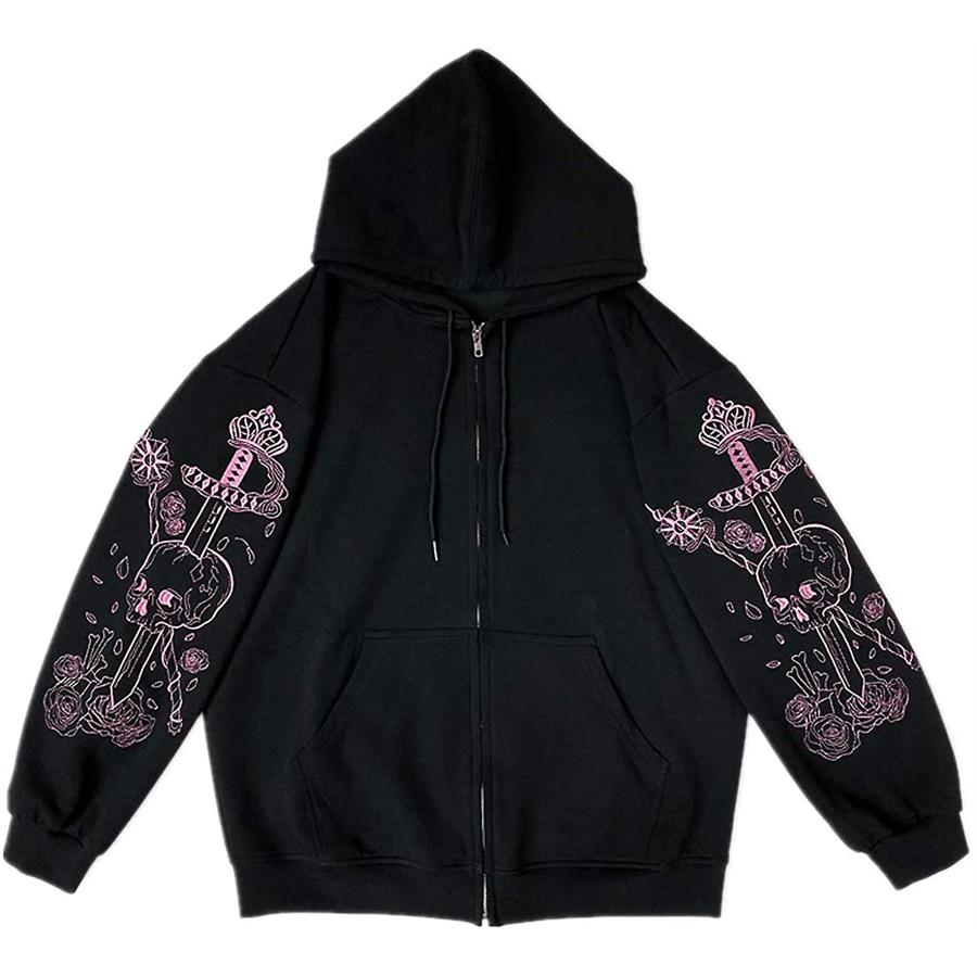 Harajuku Kawaii Pastel Gothic Siyah (Unisex) Fermuarlı Kapüşonlu Sweatshirt