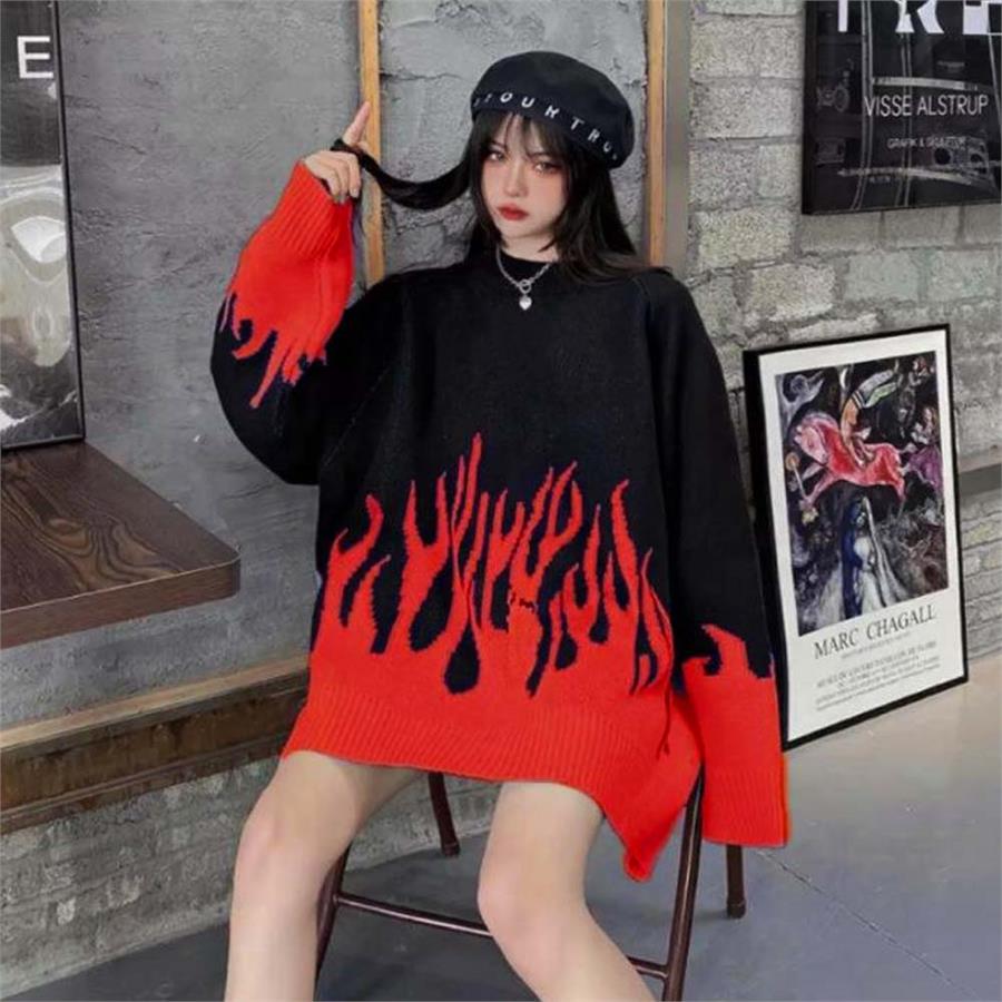 Kırmızı Flame Siyah Oversize Kazak