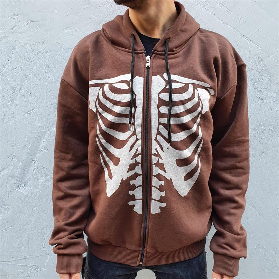 Skeleton Kahverengi (Unisex) Fermuarlı Kapüşonlu Sweatshirt