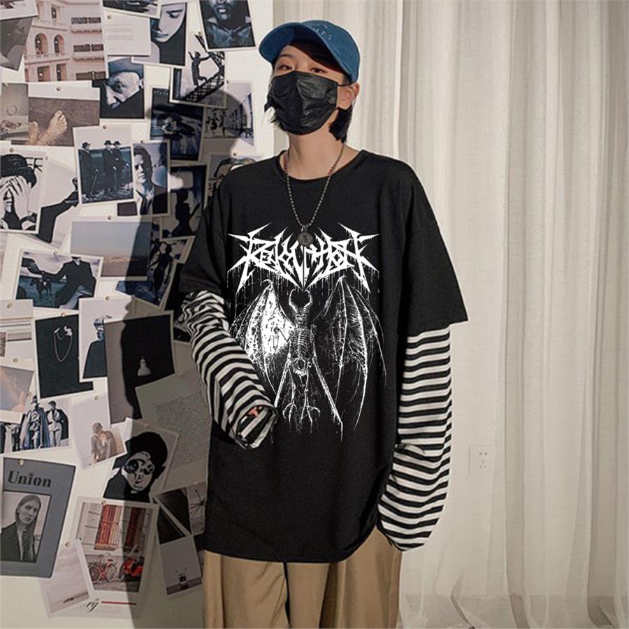 Anime Winged Skeleton Siyah(Unisex) Çizgili Kollu T-Shirt
